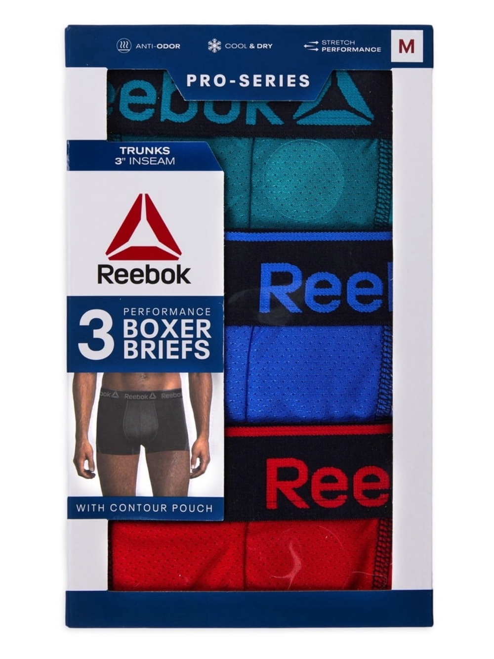 Reebok 3-Pack Performance Boxer Briefs - Teal, Blue, Red